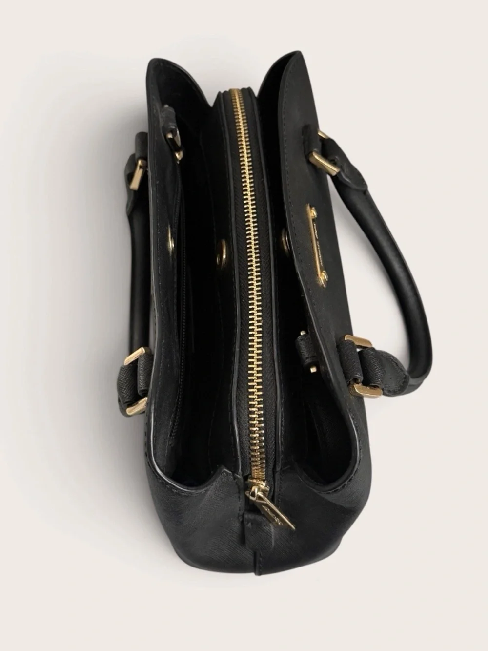 Michael Kors Small Saffiano Leather Top Handle Satchel Crossbody Bag Black Gold